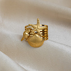 304 Stainless Steel Cuff Open Rings for Women, Starfish with Shell Shape, Real 18K Gold Plated, 24.3mm, US Size 7 1/4(17.5mm)(KL3501)