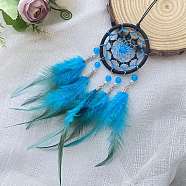 Woven Web/Net with Feather Decorations, with Iron Ring, for Car Hanging Decorations, Deep Sky Blue, 390mm(PW-WG33759-01)