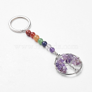 Gemstone and Natural Amethyst Chakra Keychain, with Iron Key Rings and Brass Pendants, Ring with Tree of Life, Platinum, 110mm(KEYC-P037-B02)