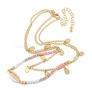 Stainless Steel Double Layer Necklaces, Natural Shell & Flat Round Charms Necklace, Golden, 14.76 inch(37.5cm)(KR9676)