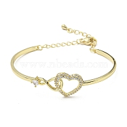 Infinity Heart Brass with Clear Cubic Zirconia Cuff Bangle with Safety Chains, Golden, Inner Diameter: 2-1/8x1-5/8 inch inch(5.45x4.05cm)(BJEW-L683-02G)