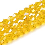 Transparent Electroplate Glass Beads Strands, AB Color Plated, Faceted, Bicone, Gold, 4x4mm, Hole: 0.8mm, about 82~85pcs/strand, 12.01~12.2 inch(30.5~31cm)(EGLA-A039-T4mm-B22)