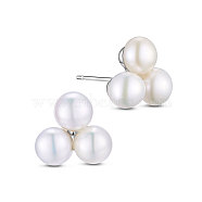 SHEGRACE Rhodium Plated 925 Sterling Silver Ear Studs, with Three Freshwater Pearl, Platinum, White, 11x11mm(JE449A)