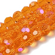 Electroplate Transparent Glass Beads Strands, Faceted, Round, Rainbow Plated, Orange, 8mm, Hole: 1mm, about 66~69pcs/strand, 19.29~19.57 inch(49~49.7cm)(EGLA-A035-T8mm-L05)