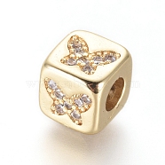 Brass Beads, with Micro Pave Cubic Zirconia, Cube with Butterfly, Clear, Golden, 6x6x6mm, Hole: 3mm(X-KK-I657-02G)