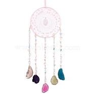 Natural Rose Quartz & Agate Window Hanging Pendant Decorations, with Leather Cord & Glass & Iron Ring, Woven Web/Net, 500mm(G-PW0007-091)