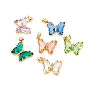 Glass Pendants, with Brass Clear Micro Pave Cubic Zirconia, Butterfly, Golden, Mixed Color, 24x21x4mm, Hole: 5.5x3.5mm(GLAA-G075-01G)
