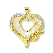 Mother's Day Real 18K Gold Plated Brass Micro Pave Clear Cubic Zirconia Pendants, with Shell, Real 18K Gold Plated, Heart, 29x27x3mm, Hole: 3.5x4.5mm(KK-H472-13G-05)