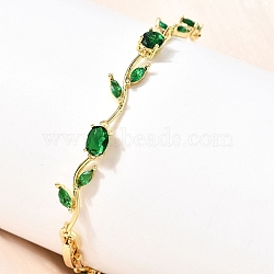 Leaf Brass Micro Pave Cubic Zirconia Link Chain Bracelets for Women, Cadmium Free & Lead Free, Real 18K Gold Plated, Rack Plating, Long-Lasting Plated, Green, 8.90 inch(22.6cm)(BJEW-D455-01G-06)