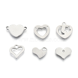 201 Stainless Steel Charms and Links, Laser Cut, Heart, Stainless Steel Color, 9~13x11~15.5x0.7~1mm, Hole: 1.2~2.5mm, 6 patterns, 1 pattern/200pcs(STAS-R118-05)