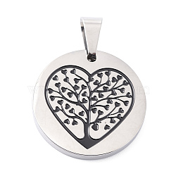 304 Stainless Steel Pendants, with Enamel, Polishing, Flat Round with Heart & Tree, Stainless Steel Color, 25x3mm, Hole: 7.5x5mm(STAS-Z027-03C-P)