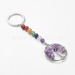 Gemstone and Natural Amethyst Chakra Keychain, with Iron Key Rings and Brass Pendants, Ring with Tree of Life, Platinum, 110mm(KEYC-P037-B02)