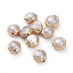 Natural Cultured Freshwater, with Golden Plated Brass Edge, Flat Round, Golden, 8.5~9x8~12x4~6mm, Hole: 0.8mm(BSHE-G024-12G)