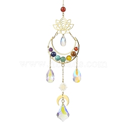 7 Chakra Gemstone & Lotus Moon Hanging Ornaments, Glass Leaf Teardrop Tassel Suncatchers for Home Garden Decorations, Golden, 290mm(HJEW-TA00176)