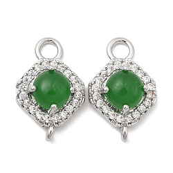 Brass Micro Pave Clear Cubic Zirconia Connector Charms, Rhombus Links with Green Glass, Real Platinum Plated, 14x9x5mm, Hole: 2mm and 1mm(KK-A277-21P)