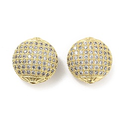 Brass Beads, with Clear Cubic Zirconia, Flat Round, Real 18K Gold Plated, 14.5~15x9mm, Hole: 1mm(ZIRC-L077-040G)