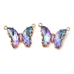 Brass Pave Faceted Glass Connector Charms, Golden Tone Butterfly Links, Medium Orchid, 17.5x23x5mm, Hole: 0.9mm(FIND-Z020-03N)