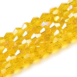 Transparent Electroplate Glass Beads Strands, AB Color Plated, Faceted, Bicone, Gold, 4x4mm, Hole: 0.8mm, about 82~85pcs/strand, 12.01~12.2 inch(30.5~31cm)(EGLA-A039-T4mm-B22)