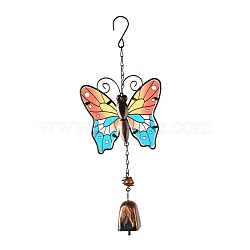 Iron Wind Chimes, Small Wind Bells Handmade Glass Pendants, Butterfly, Colorful, 343~360mm(HJEW-L025-A03)