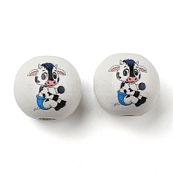 Spray Painted Natural Wood European Beads, Round with Cow Pattern, White, 16x15mm, Hole: 4mm(WOOD-M009-02)