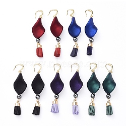 Rubberized Style Acrylic Dangle Earrings, with Brass Suede Cord Tassel Pendants, Non-Magnetic Synthetic Hematite Round Beads and Brass Earring Hooks, Twist, Mixed Color, 71mm, Pin: 0.8mm(EJEW-JE03745)