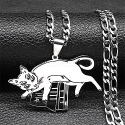 Non-Tarnish 304 Stainless Steel Necklaces, Cat with Book Pendant Necklaces, Stainless Steel Color, 21.57 inch(54.8cm)(NJEW-Q338-15P)