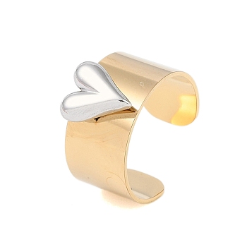 304 Stainless Steel Heart Open Cuff Rings, Wide Band Ring for Women, Real 18K Gold Plated & Stainless Steel Color, Adjustable