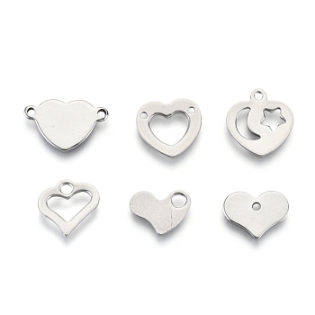 201 Stainless Steel Charms and Links, Laser Cut, Heart, Stainless Steel Color, 9~13x11~15.5x0.7~1mm, Hole: 1.2~2.5mm, 6 patterns, 1 pattern/200pcs