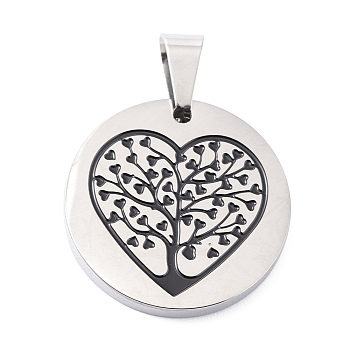 304 Stainless Steel Pendants, with Enamel, Polishing, Flat Round with Heart & Tree, Stainless Steel Color, 25x3mm, Hole: 7.5x5mm