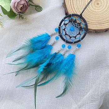 Woven Web/Net with Feather Decorations, with Iron Ring, for Car Hanging Decorations, Deep Sky Blue, 390mm