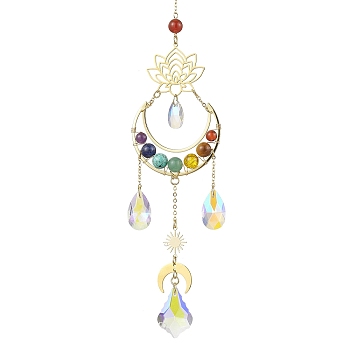 7 Chakra Gemstone & Lotus Moon Hanging Ornaments, Glass Leaf Teardrop Tassel Suncatchers for Home Garden Decorations, Golden, 290mm