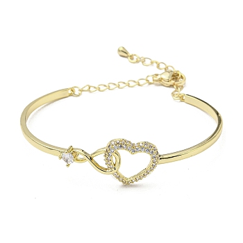 Infinity Heart Brass with Clear Cubic Zirconia Cuff Bangle with Safety Chains, Golden, Inner Diameter: 2-1/8x1-5/8 inch inch(5.45x4.05cm)