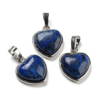 Natural Lapis Lazuli Pendants, Heart Charms with Platinum Plated Brass Snap on Bails, 20.5x17.5x7mm, Hole: 4x8mm