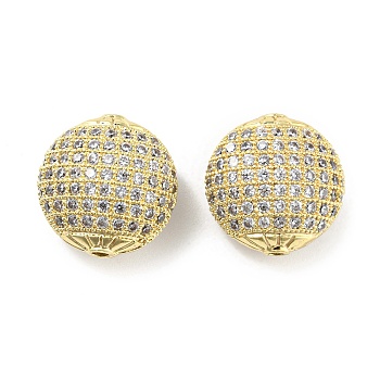 Brass Beads, with Clear Cubic Zirconia, Flat Round, Real 18K Gold Plated, 14.5~15x9mm, Hole: 1mm