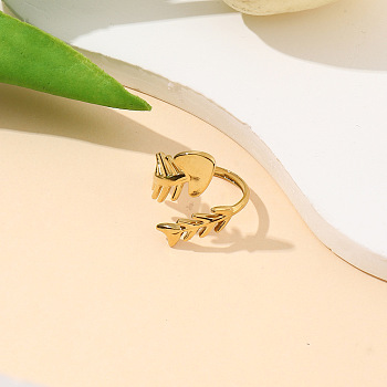 304 Stainless Steel Cuff Open Rings for Women, Fish Bone, Golden, 18mm