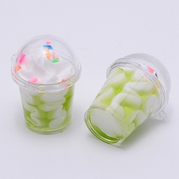 Resin Bubble Tea Pendants, with Plastic Cup, Imitation Food, Yellow Green, 34x27mm, Hole: 1mm