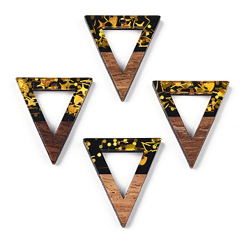 Opaque Resin & Walnut Wood Pendants, Hollow Triangle Charms with Paillettes, Black, 27.5x24x3.5mm, Hole: 1.8mm