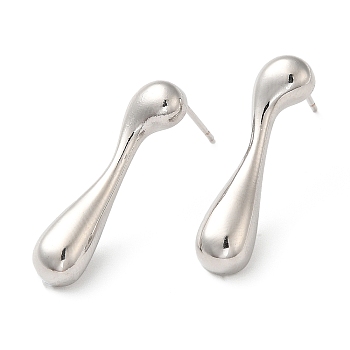 Rack Plating Brass Teardrop Stud Earrings for Women, Lead Free & Cadmium Free, Long-Lasting Plated, Platinum, 28x6.5mm