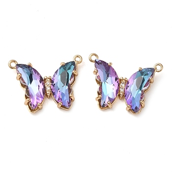 Brass Pave Faceted Glass Connector Charms, Golden Tone Butterfly Links, Medium Orchid, 17.5x23x5mm, Hole: 0.9mm