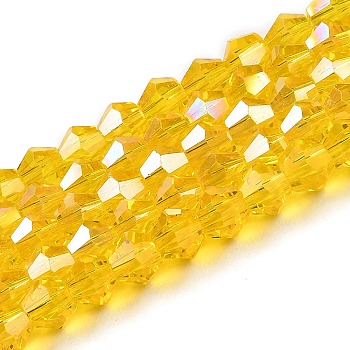 Transparent Electroplate Glass Beads Strands, AB Color Plated, Faceted, Bicone, Gold, 4x4mm, Hole: 0.8mm, about 82~85pcs/strand, 12.01~12.2 inch(30.5~31cm)