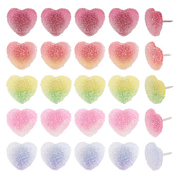 50Pcs 5 Colors Heart Gradient Color Druzy Resin Drawing Pins, with Iron Findings, Map Tacks Marking Pins, for Photos Wall, Maps, Bulletin Board or Corkboards, Platinum, Mixed Color, 15mm, 10pcs/color