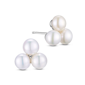 SHEGRACE Rhodium Plated 925 Sterling Silver Ear Studs, with Three Freshwater Pearl, Platinum, White, 11x11mm