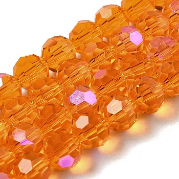 Electroplate Transparent Glass Beads Strands, Faceted, Round, Rainbow Plated, Orange, 8mm, Hole: 1mm, about 66~69pcs/strand, 19.29~19.57 inch(49~49.7cm)