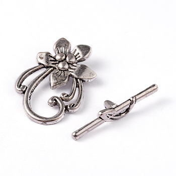 Tibetan Style Alloy Toggle Clasps, Lead Free and Cadmium Free, Flower, Antique Silver, Flower: about 20mm wide, 28mm long, Bar: about 5mm wide, 30mm long, hole: 2mm