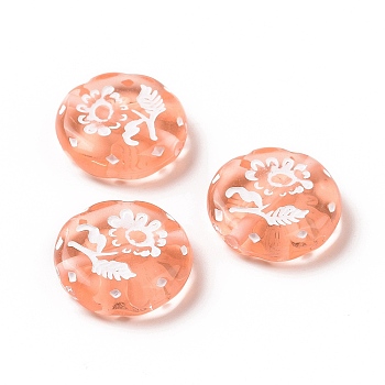 Spray Painted Transparent Acrylic Beads, Flat Round with Flower, Light Salmon, 18x5.3mm, Hole: 1.6mm, about 399pcs/500g