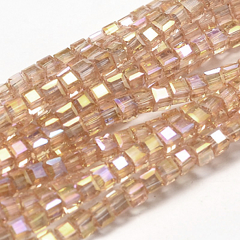 Faceted Cube Full Rainbow Plated Transparent Electroplate Glass Beads Strands, Sandy Brown, 2x2x2mm, Hole: 0.5mm, about 200pcs/strand, 15.7 inch