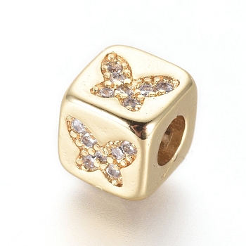 Brass Beads, with Micro Pave Cubic Zirconia, Cube with Butterfly, Clear, Golden, 6x6x6mm, Hole: 3mm