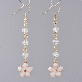Dangle Earrings, with Brass Earring Hooks, Round Glass Beads and Flower Zinc Alloy Enamel, White, 69mm, Pin: 0.6mm