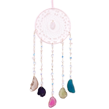Natural Rose Quartz & Agate Window Hanging Pendant Decorations, with Leather Cord & Glass & Iron Ring, Woven Web/Net, 500mm