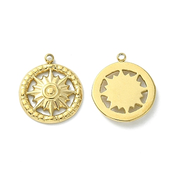 304 Stainless Steel Charms, Flat Round with Sun Charms, Real 14K Gold Plated, 14x12.5x2mm, Hole: 1mm